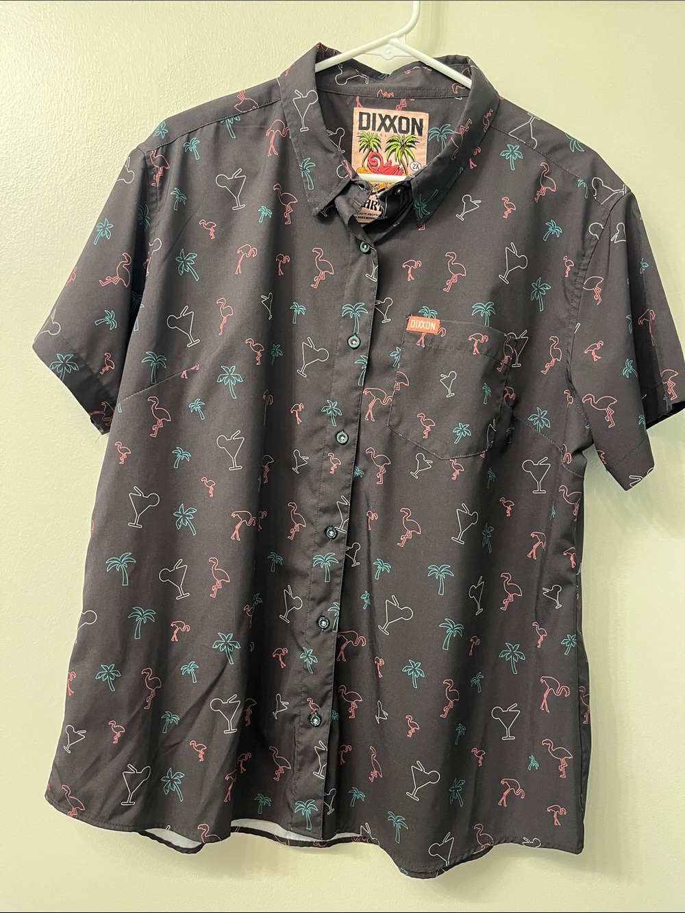 DIXXON Black Button-Down Shirt with Pink Flamingo & Teal Palm Print